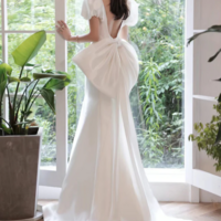Simple Puff Sleeves Satin Mermaid White Long Prom Dress, White Long Formal Dress KPP1747 - Thumbnail 1