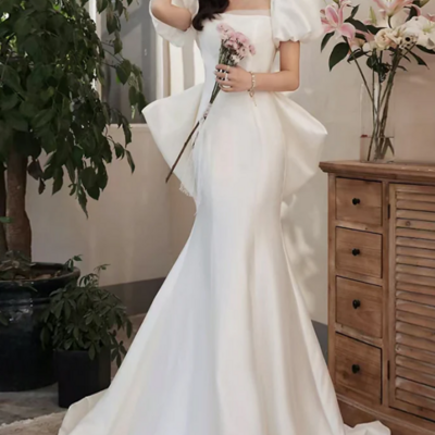 Simple puff sleeves satin mermaid white long prom dress, white long formal dress kpp1747