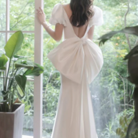 Simple Puff Sleeves Satin Mermaid White Long Prom Dress, White Long Formal Dress KPP1747 - Thumbnail 3