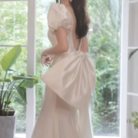 Simple Puff Sleeves Satin Mermaid White Long Prom Dress, White Long Formal Dress KPP1747 - Thumbnail 2