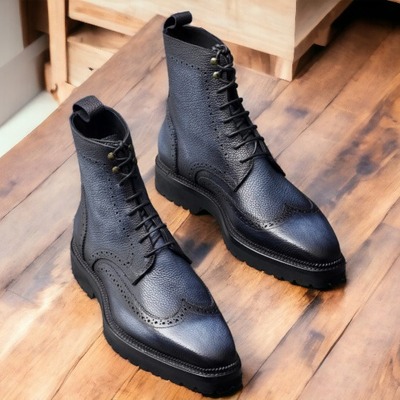 Handmade men's blue leather lace up wing tip ankle boot