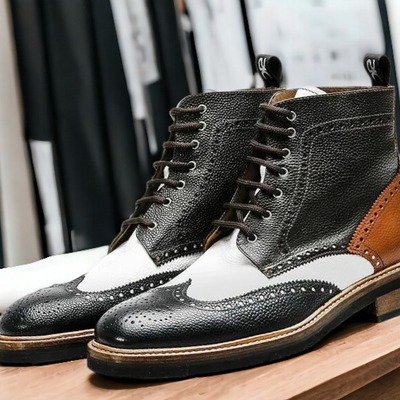 Handmade men's four tone leather wing tip lace up ankle boot
