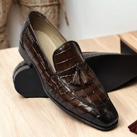 Handmade Men's Brown Alligator Leather Tassle Shoes - Thumbnail 1