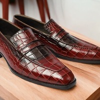 Handmade man's Red Alligator Leather Penny Loafer Shoes - Thumbnail 1