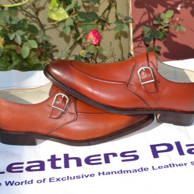 New men's handmade leather brown dress shoes - Thumbnail 1