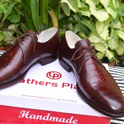 Dark brown genuine crocodile texture leather alligator lace up shoes - Thumbnail 3