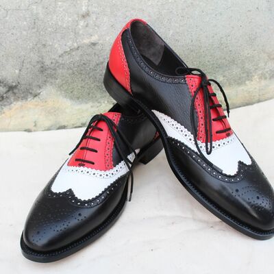 Crafted leather tri-tone color black white and red wingtip oxford dress shoes  - Thumbnail 4