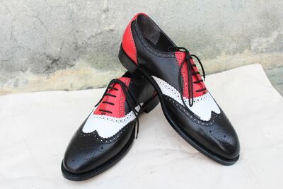 Crafted Leather Tri-Tone Color Black White and Red Wingtip Oxford Dress Shoes 