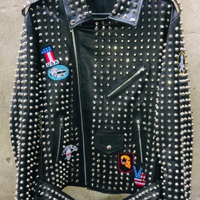 Crafted leather mens punk silver studded patches black leather jacket - Thumbnail 4