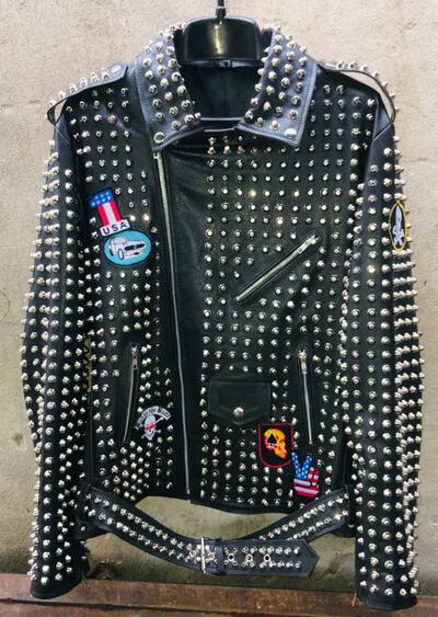 Crafted Leather Mens Punk Silver Studded Patches Black Leather Jacket