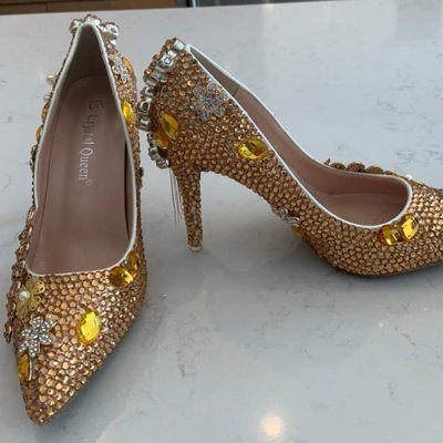 Custom crystal pointy toe heels brown crystals