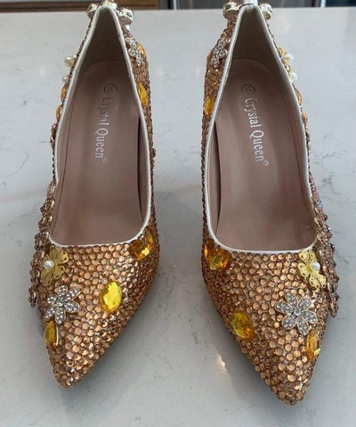 Custom Crystal Pointy Toe Heels Brown Crystals