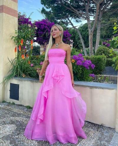 A Line Hot Pink Strapless Long Prom Dresses Party Dresses
