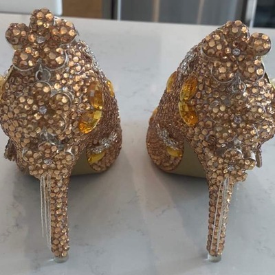 Custom crystal pointy toe heels brown crystals