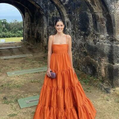 Simple a line straps orange long prom dresses - Thumbnail 4
