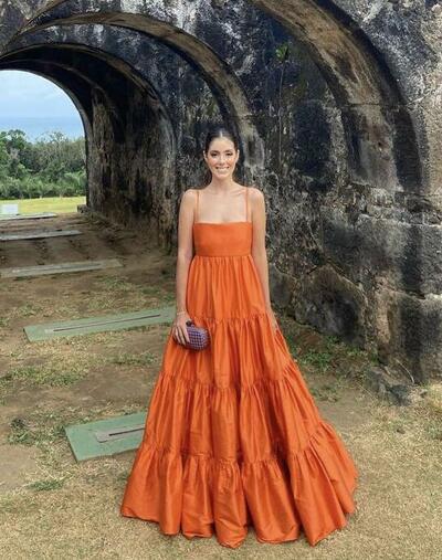 Simple A line straps orange long prom dresses