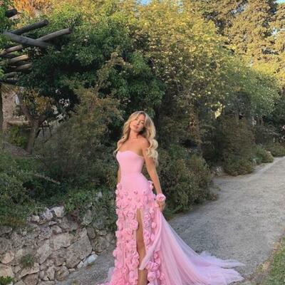 Charming strapless high slit pink prom dress with flowers - Thumbnail 2