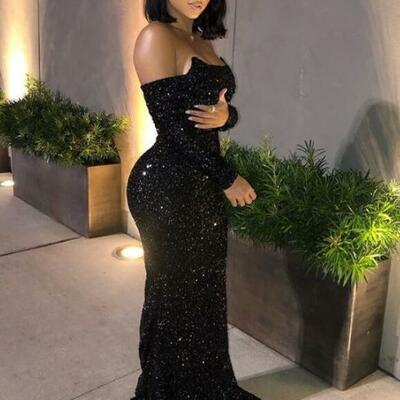 A line sequin black prom dress, graduation party dresses