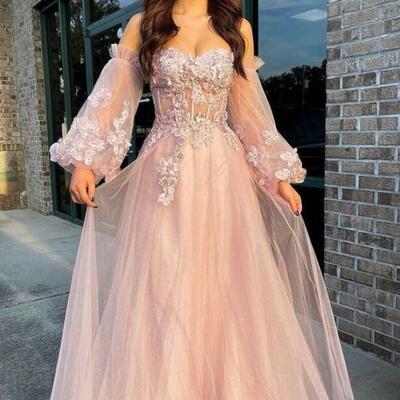 Strapless a-line pink tulle puff sleeve prom dress - Thumbnail 2
