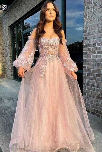 Strapless A-Line Pink Tulle Puff Sleeve Prom Dress