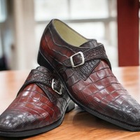 Handmade Men's Alligator Leather Single Buckle Monk Two tone Dress Shoes - Thumbnail 1