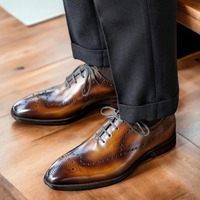 Handmade Brown Leather Lace up Wing Tip Shoes - Thumbnail 1
