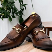 Handmade Men's Brown Leather Fringe Horse Bit Loafer shoes - Thumbnail 1