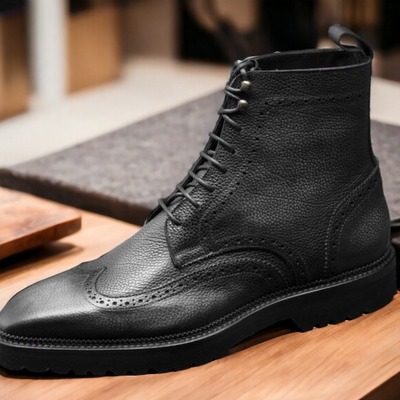 Handmade men's black leather lace up wing tip boot