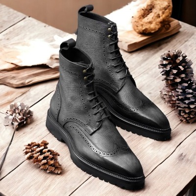 Handpainted men's black leather lace up wing tip ankle boot - Thumbnail 3