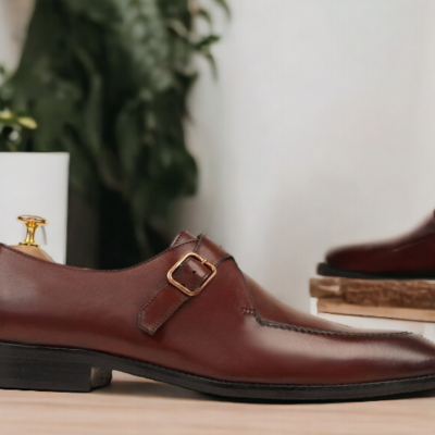 Handmade brown genuine leather shoes, men's formal buckle wedding shoes - Thumbnail 1