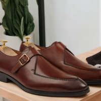 Handmade Brown Genuine Leather Shoes, Men's Formal Buckle Wedding Shoes - Thumbnail 1