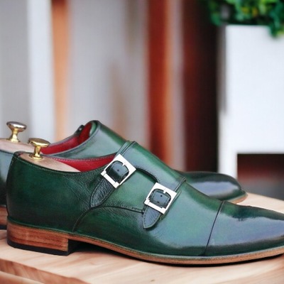 Handmade men's green double buckle cap toe dress shoes - Thumbnail 1