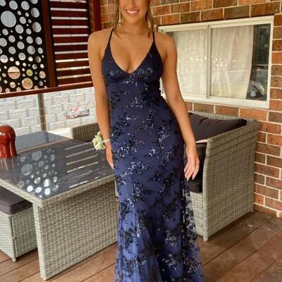 Spaghetti straps navy blue v neck long prom dresses - Thumbnail 1