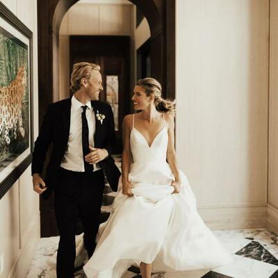 Spaghetti straps ivory v-neck satin wedding dresses  - Thumbnail 2