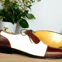 Handmade Men's Two tone Leather Laceup CapToe Shoes - Thumbnail 1