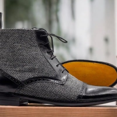 Handmade men's tweed leather laceup cap toe boot - Thumbnail 1