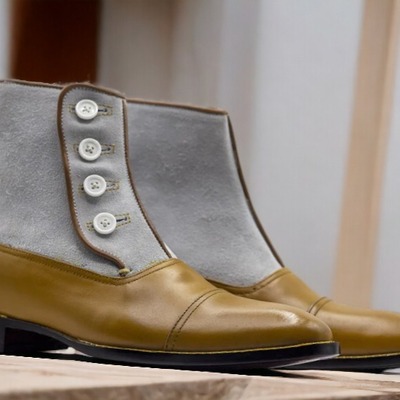 Handmade men's two tone leather & suede captoe button ankle boot - Thumbnail 1