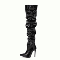 Women's stretch over-the-knee pointed-toe patent leather high-top black zipper stiletto high-heeled boots  - Thumbnail 4