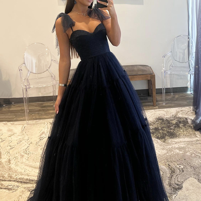 Blue tulle spaghetti strap long prom dress, beautiful a-line evening party dress - Thumbnail 1