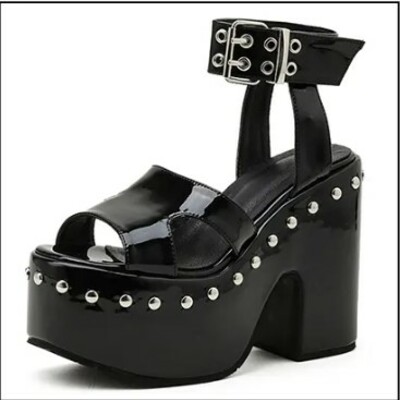 Mori girl rivet black gothic punk sandals - Thumbnail 4