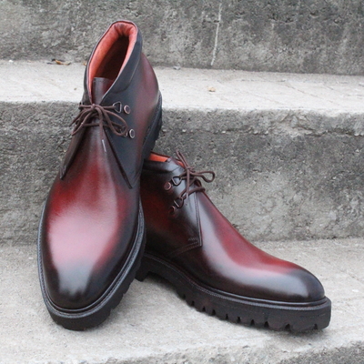 Crafted leather chukka boots burnished burgundy patina leather