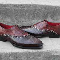 Crafted Leather Luxury Handmade Mens Unique Brown Crocodile Texture Leather Alligator Dress Fashion Oxford Shoes - Thumbnail 1