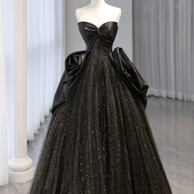 Black strapless satin and tulle long prom dress, beautiful a line evening party dress kpp1748