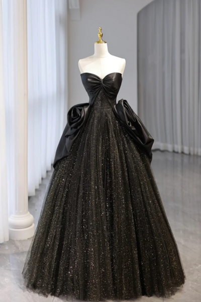 Black Strapless Satin and Tulle Long Prom Dress, Beautiful A Line Evening Party Dress KPP1748