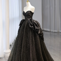 Black Strapless Satin and Tulle Long Prom Dress, Beautiful A Line Evening Party Dress KPP1748 - Thumbnail 1