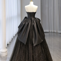 Black Strapless Satin and Tulle Long Prom Dress, Beautiful A Line Evening Party Dress KPP1748 - Thumbnail 2