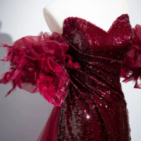 Burgundy Tulle Sequins Long Prom Dress, Burgundy Evening Party Dress KPP1749 - Thumbnail 1