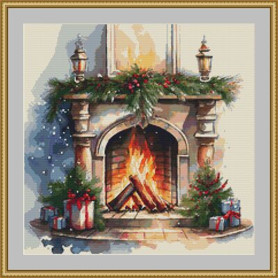 Festive fireplace cross stitch pattern