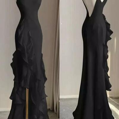 Spaghetti straps long black prom dress with ruffles - Thumbnail 1