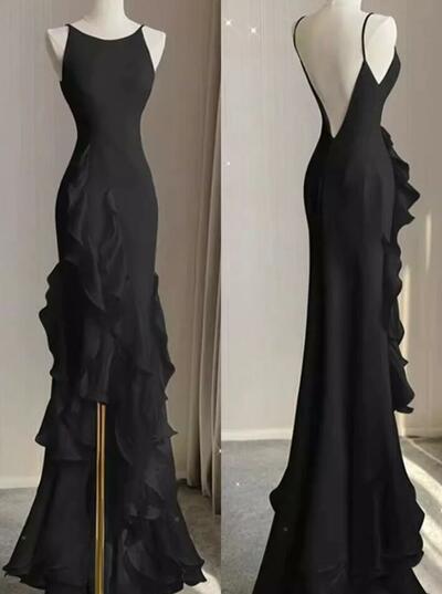 Spaghetti Straps Long Black Prom Dress With Ruffles